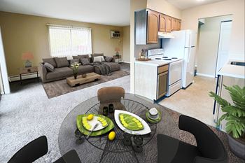 a living room and kitchen with a table and chairs at Crown Pointe Apartments, Covington, Kentucky